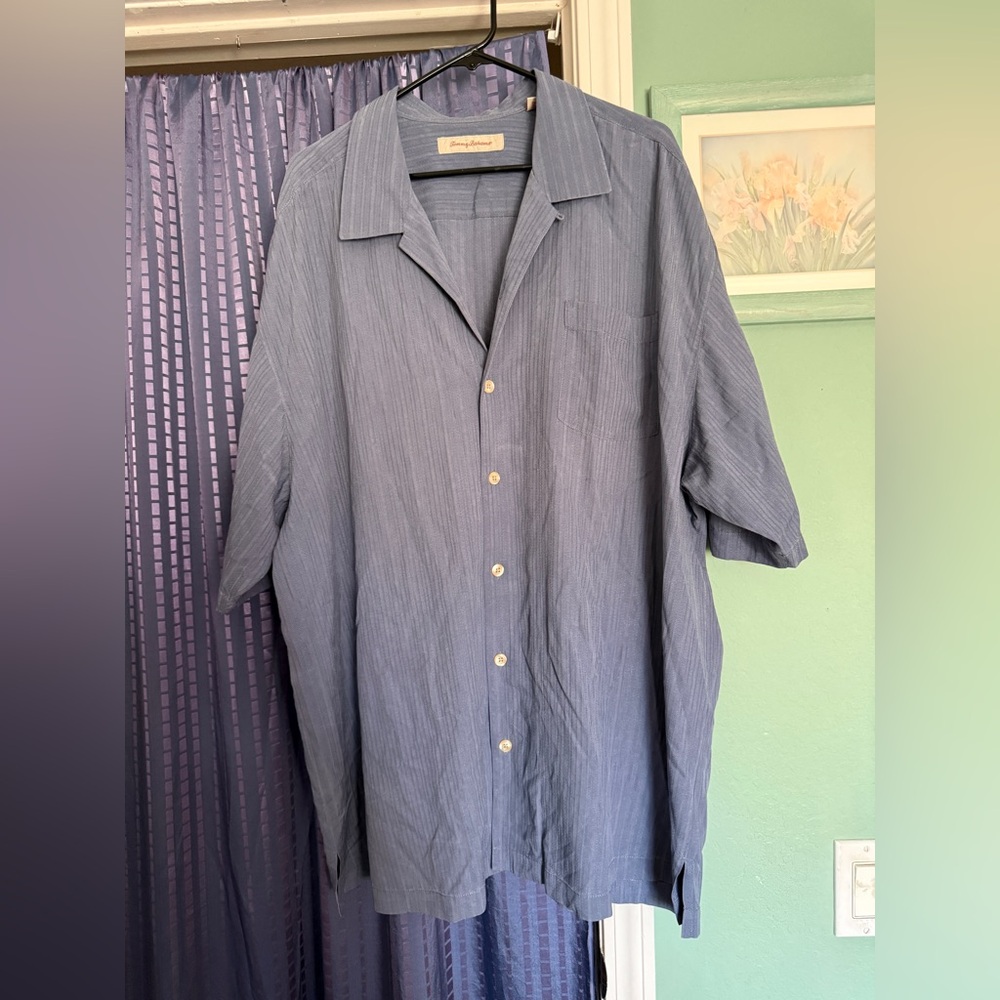 Vintage Tommy Bahama Blue Gray 100% Silk Shirt XXL Pocket Button Front